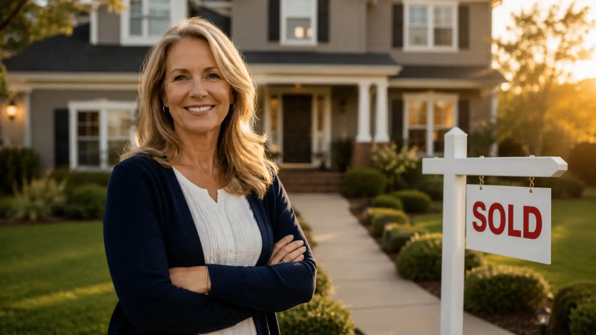 Confident homeowner standing in front of suburban home with SOLD sign — how to sell a house without a realtor