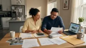 Couple reviewing real estate agent fees paperwork at kitchen table before selling their home