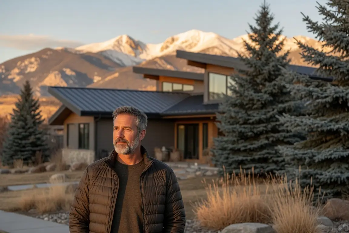 for sale by owner colorado - homeowner standing in front of a modern Front Range house with the snow-capped Rocky Mountains and blue spruce trees at golden hour