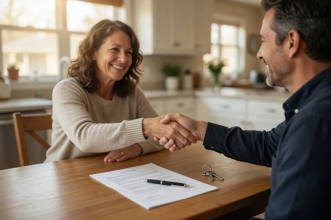 for sale by owner contract - home seller and buyer signing the purchase agreement at a kitchen table without an agent