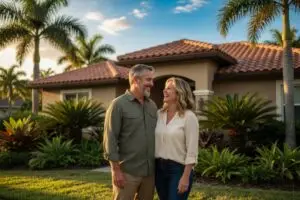 how to sell a house by owner in florida - happy couple standing in front of their single-story Florida home with palm trees and a barrel tile roof