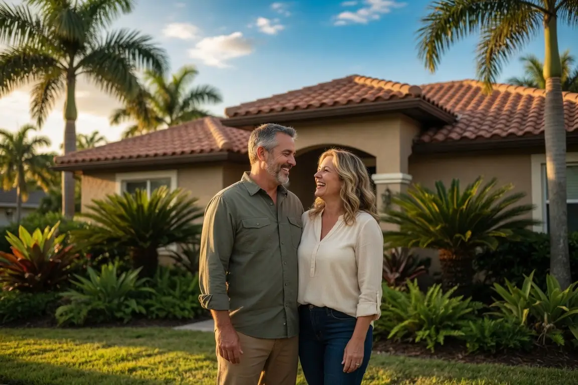 how to sell a house by owner in florida - happy couple standing in front of their single-story Florida home with palm trees and a barrel tile roof