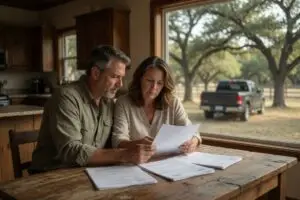 sellers disclosure texas - Texas homeowners reviewing the TREC seller's disclosure notice at their kitchen table