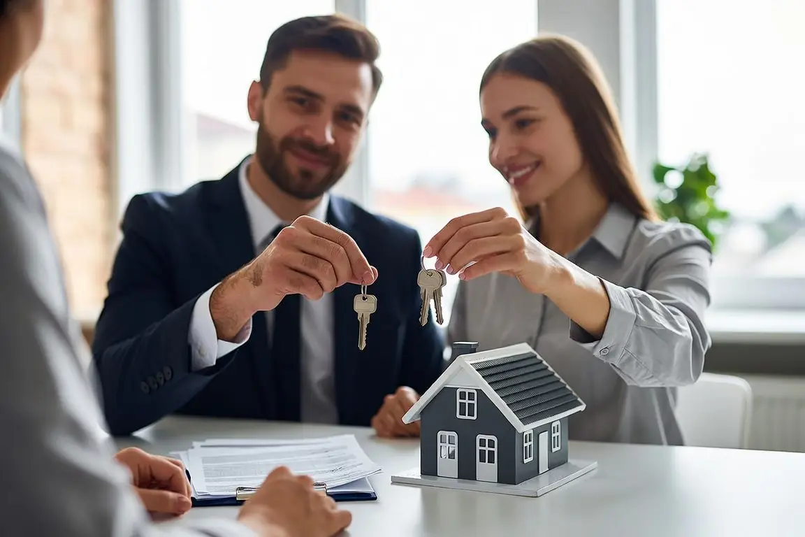 title insurance cost - homeowner couple receiving house keys from a settlement agent at the closing table