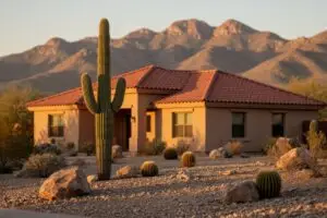 closing costs in arizona - suburban Arizona stucco home with red tile roof, saguaro cactus and desert landscaping at sunset