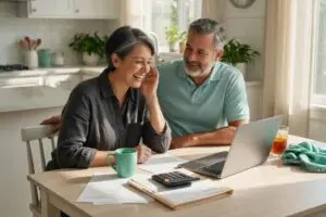 capital gains tax on home sale, relaxed couple reviewing home sale paperwork and a calculator at a sunny kitchen table