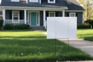 For sale by owner signs: a blank sign staked in a sunlit suburban front yard