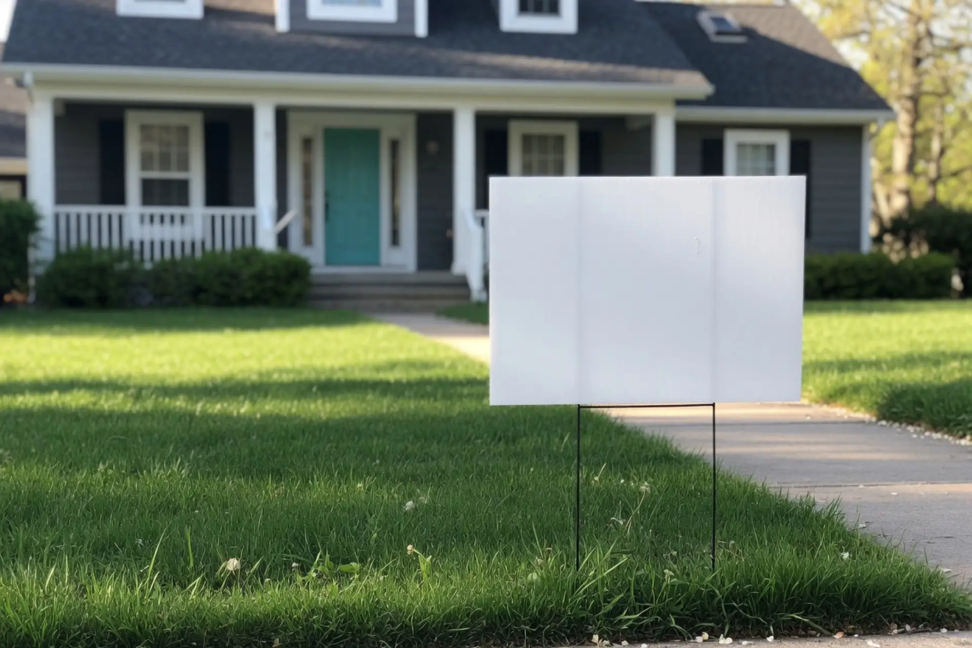 For sale by owner signs: a blank sign staked in a sunlit suburban front yard