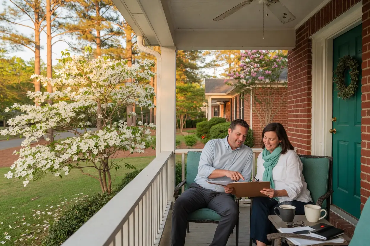 how much are closing costs in nc - couple reviewing home sale paperwork on the porch of a brick ranch house in Charlotte North Carolina