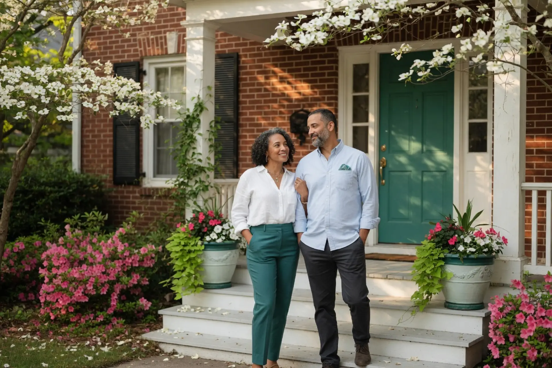 how to sell a house by owner in georgia - homeowner couple on the porch of a brick traditional home near Atlanta with blooming dogwoods