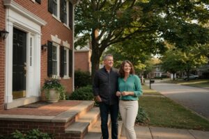 how to sell a house by owner in ohio - relaxed couple standing outside their brick colonial home on a tree-lined suburban street