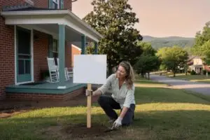 how to sell a house by owner in Tennessee - homeowner placing a for-sale sign in the front yard of a brick house on a tree-lined Tennessee street