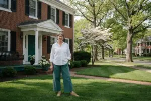 how to sell a house by owner in virginia - a homeowner standing in front of a red-brick colonial house on a tree-lined Virginia street