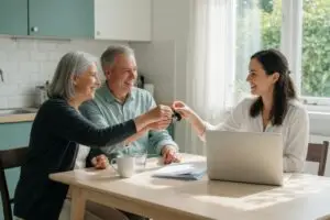 how to sell a house to a family member - parents handing house keys to their adult daughter at a sunlit kitchen table