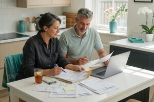 Home sellers reviewing a listing agreement at a sunlit kitchen table before signing