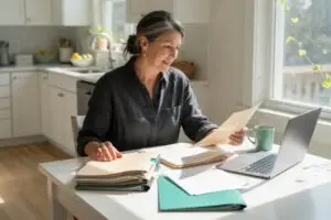 paperwork for selling a house by owner spread across a kitchen table as a homeowner reviews the documents