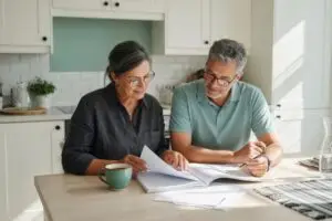real estate purchase agreement being reviewed at a kitchen table by two home sellers