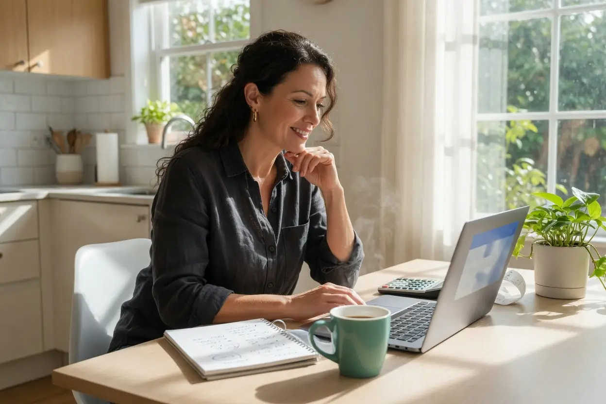 zillow for sale by owner fees - homeowner reviewing her home listing costs and sale numbers on a laptop at a sunlit kitchen table