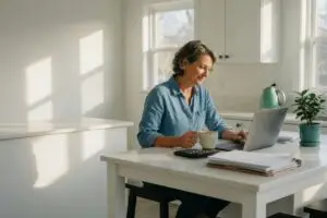 houzeo reviews - home seller comparing 2026 flat fee MLS listing plan costs at a sunlit kitchen table