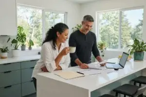 is earnest money refundable - home sellers reviewing purchase contract deadlines and deposit paperwork at a sunlit kitchen island