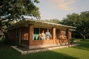 seller closing costs in Texas - homeowner couple on the front porch of a red-brick North Texas ranch style house at golden hour