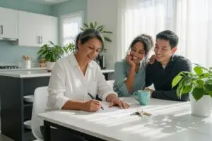 warranty deed - homeowner signing the deed at a sunlit kitchen table before handing the keys to the buyers