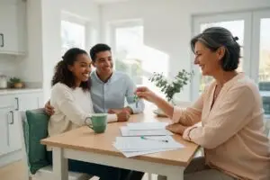 what is seller financing - homeowner handing house keys to a young couple across a sunlit kitchen table with blank documents