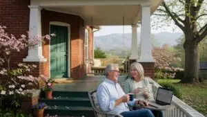 closing costs in tennessee - homeowners on the porch of a red-brick Knoxville home with the Smoky Mountain foothills behind, reviewing their sale numbers