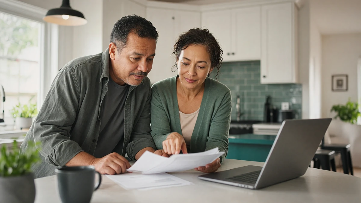 A couple in their forties or fifties reviews home-sale paperwork together at a bright modern kitchen island with a laptop nearby, soft natural window light, candid documentary lifestyle photo.