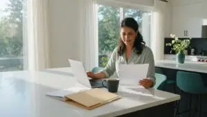 how to find liens on a property: a seller reviewing county records at a sunlit kitchen island