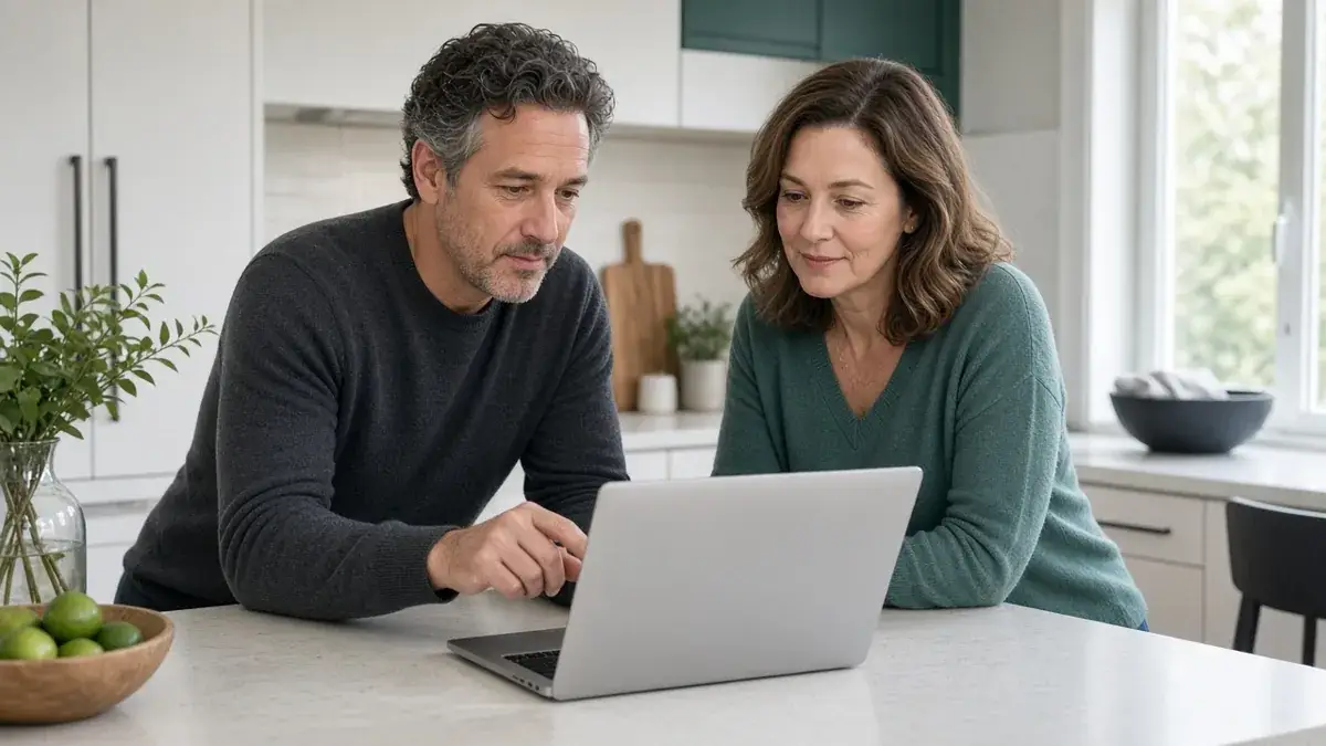 couple reviewing listing details at a kitchen island