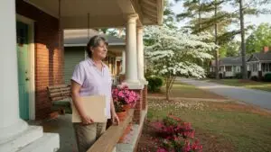 how to sell a house by owner in north carolina - a homeowner with her disclosure paperwork on the front porch of a Durham brick bungalow