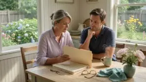 joint tenants with right of survivorship: a surviving co-owner and her son review the recorded deed at a sunlit kitchen table