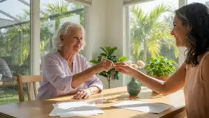 lady bird deed - mother handing house keys to her adult daughter at a sunlit kitchen table