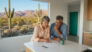 quitclaim deed Arizona: a Tucson couple reviewing a deed form at their kitchen island