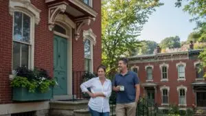 quitclaim deed ohio - homeowners outside a restored brick Italianate row house in Cincinnati