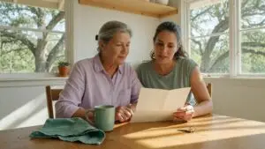 transfer on death deed: a mother and her adult daughter read the deed together at a sunlit Texas kitchen table
