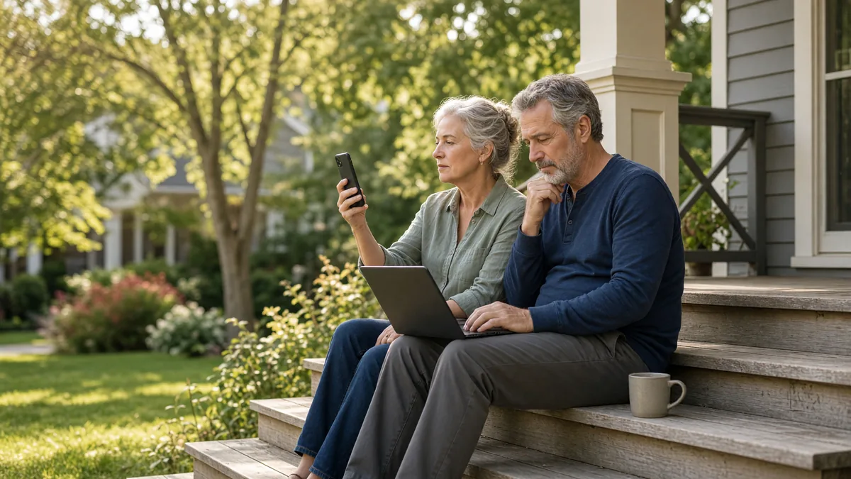 Older couple on their front porch steps comparing home listing options on a laptop and phone