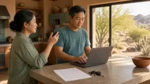 Couple photographing their kitchen and checking listing details on a laptop