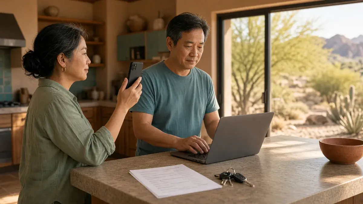 Couple photographing their kitchen and checking listing details on a laptop
