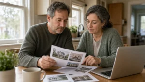 Couple reviewing listing paperwork and a laptop at a kitchen table