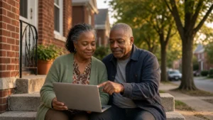 Couple on the front steps of a brick St. Louis-area home reviewing a listing on a laptop
