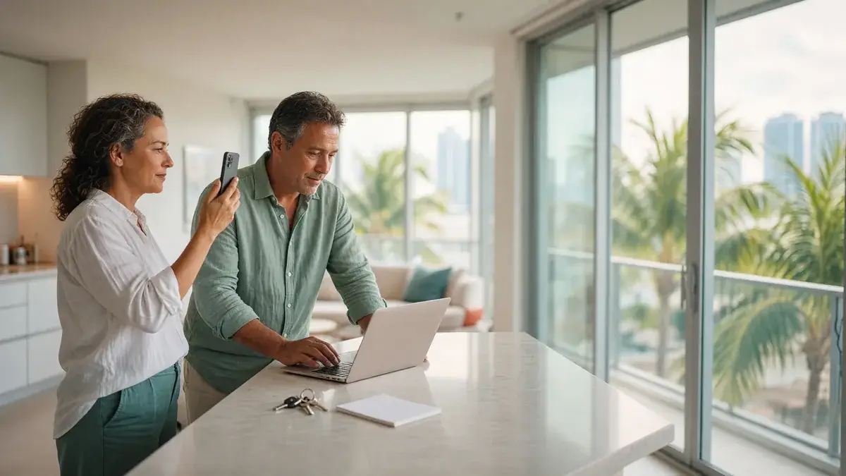 Couple photographing their Miami condo living area and checking listing details on a laptop