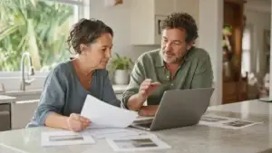 Couple reviewing listing paperwork at a kitchen island