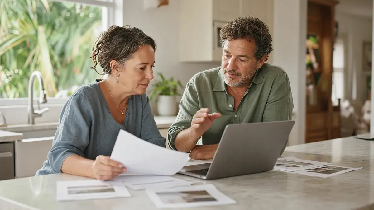 Couple reviewing listing paperwork at a kitchen island
