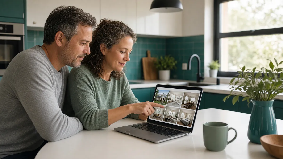 Couple reviewing listing photos on a laptop at a kitchen island